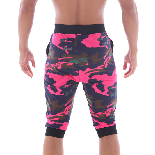 Metro malewear scandinavia gym shorts camo pink capri shorts with bright pink dark green camouflage print and black waistband