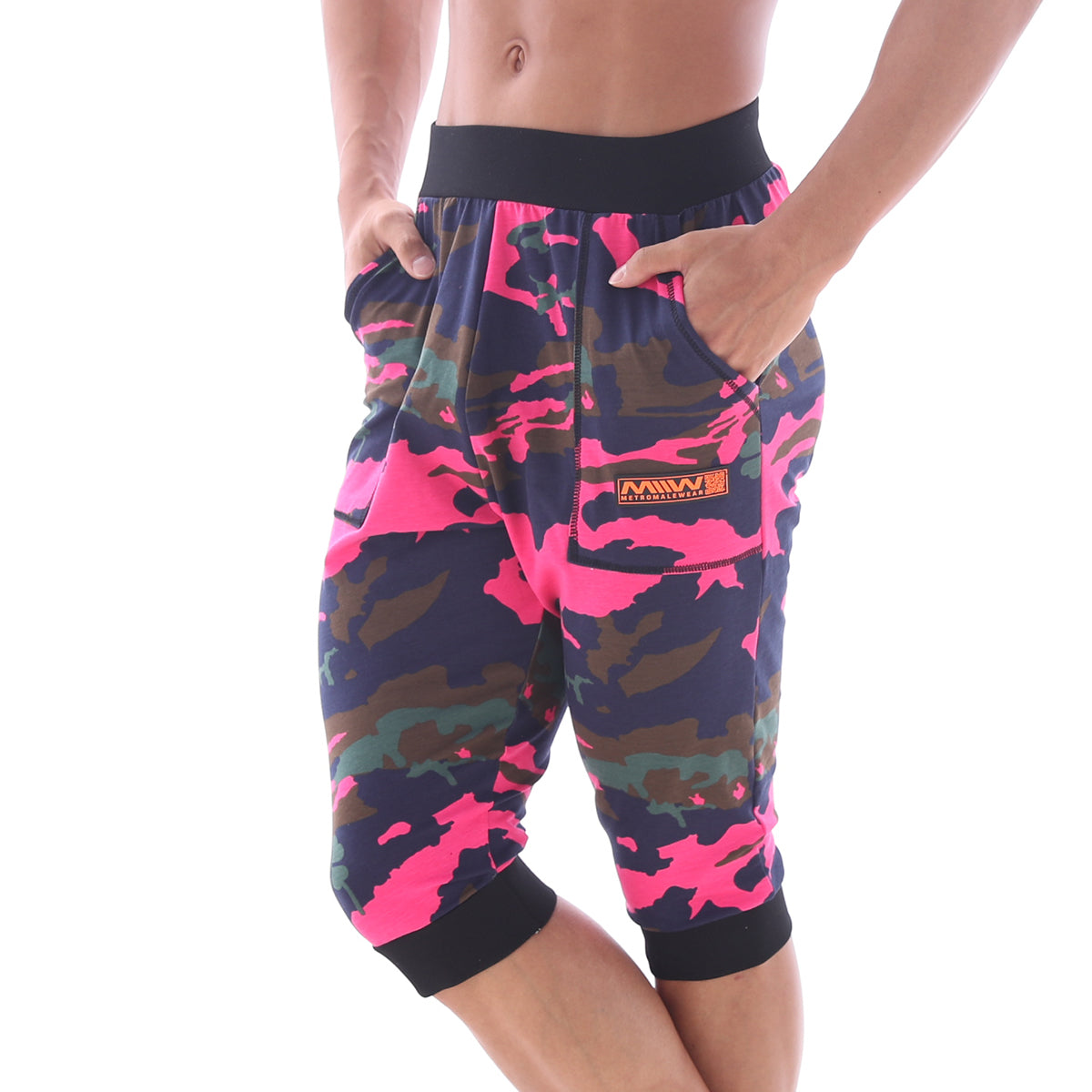 MetroMaleWear Scandinavia gym shorts camo pink capri pants with bright pink navy blue camouflage and black elastic waistband