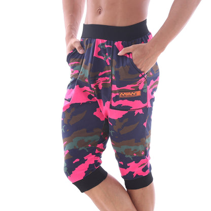 MetroMaleWear Scandinavia gym shorts camo pink capri pants with bright pink navy blue camouflage and black elastic waistband