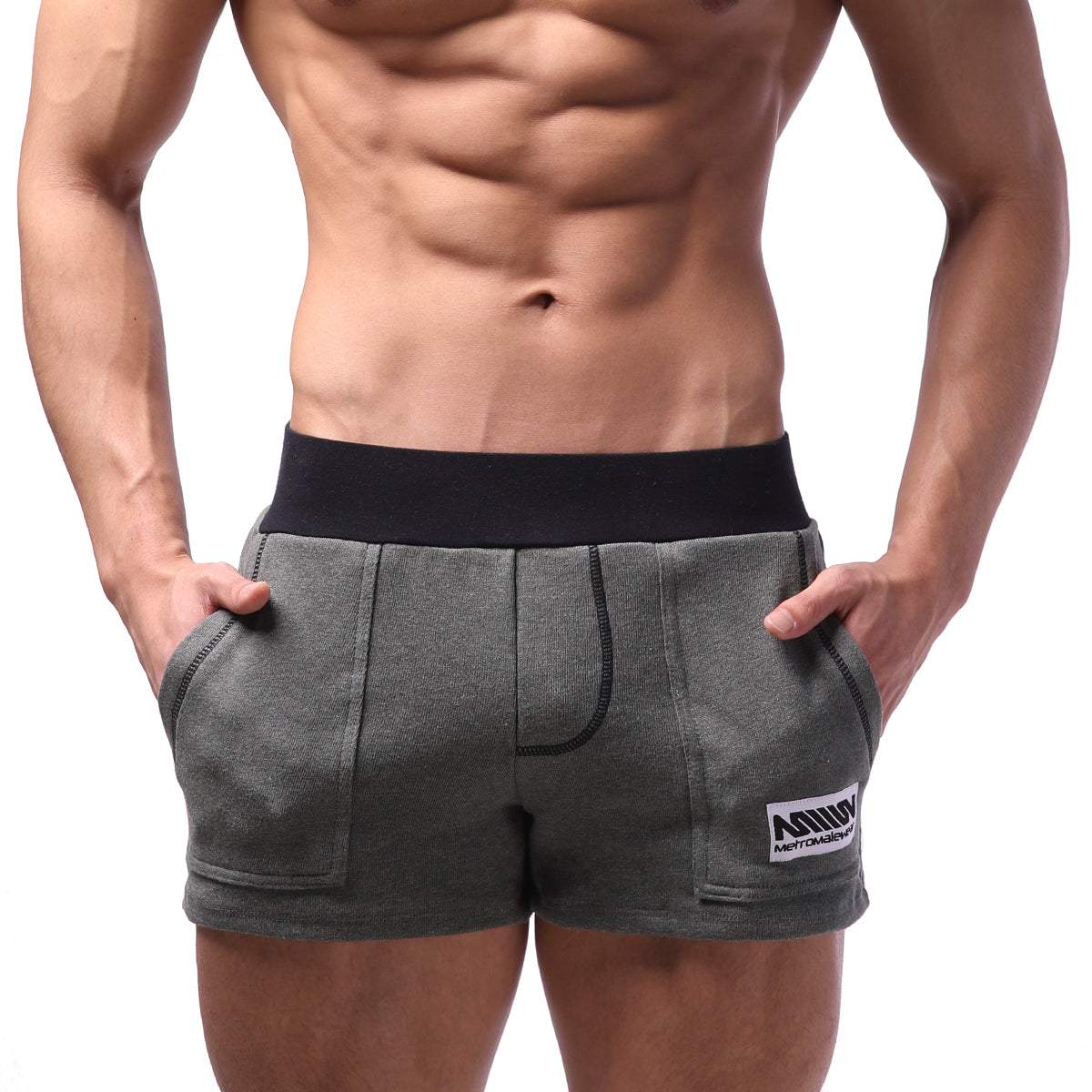 MetroMaleWear Boston athletic shorts gray with black elastic waistband and white logo patch on lower right leg