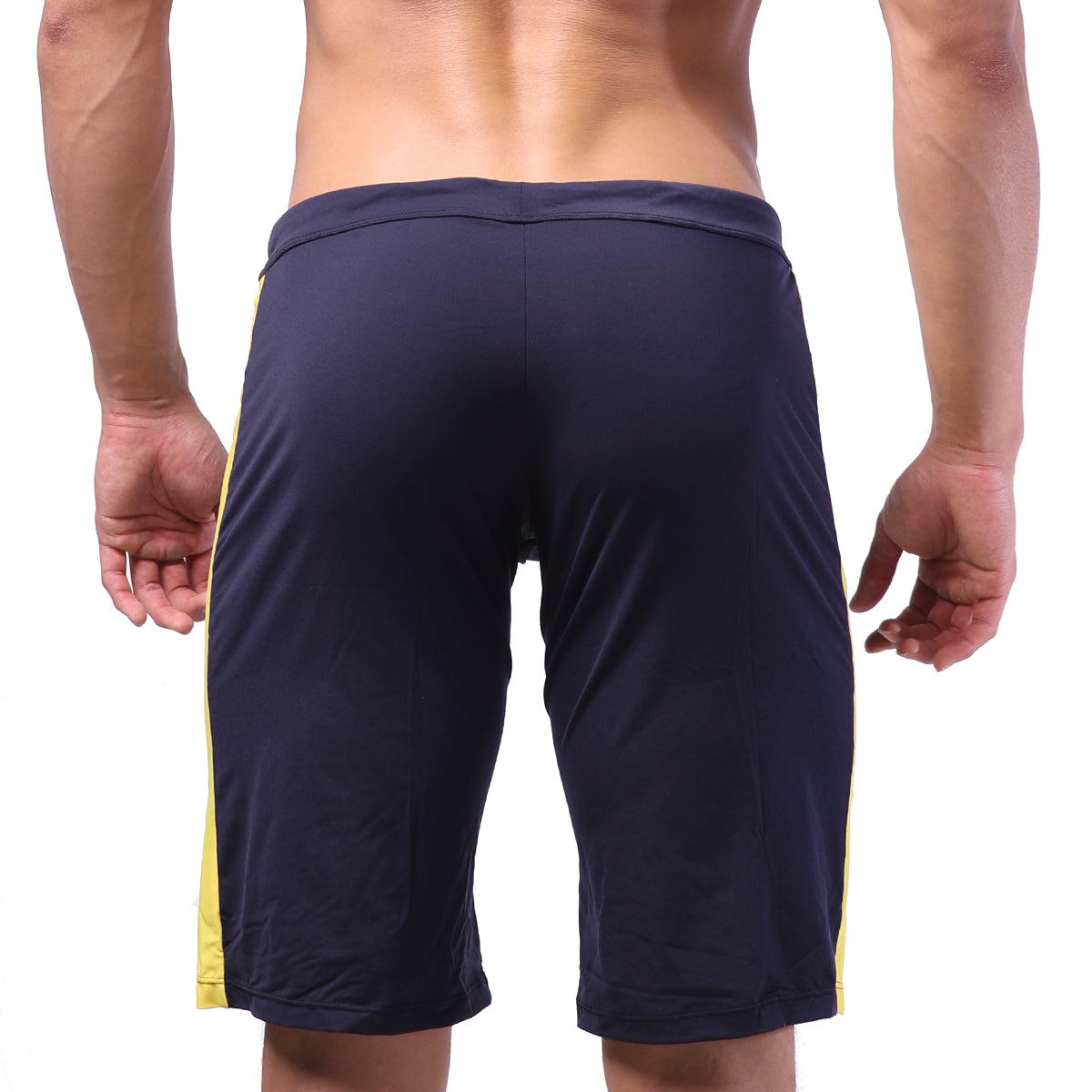 Navy blue athletic shorts with yellow side stripes from metromalewear trainer short 4713-28 for sports and training