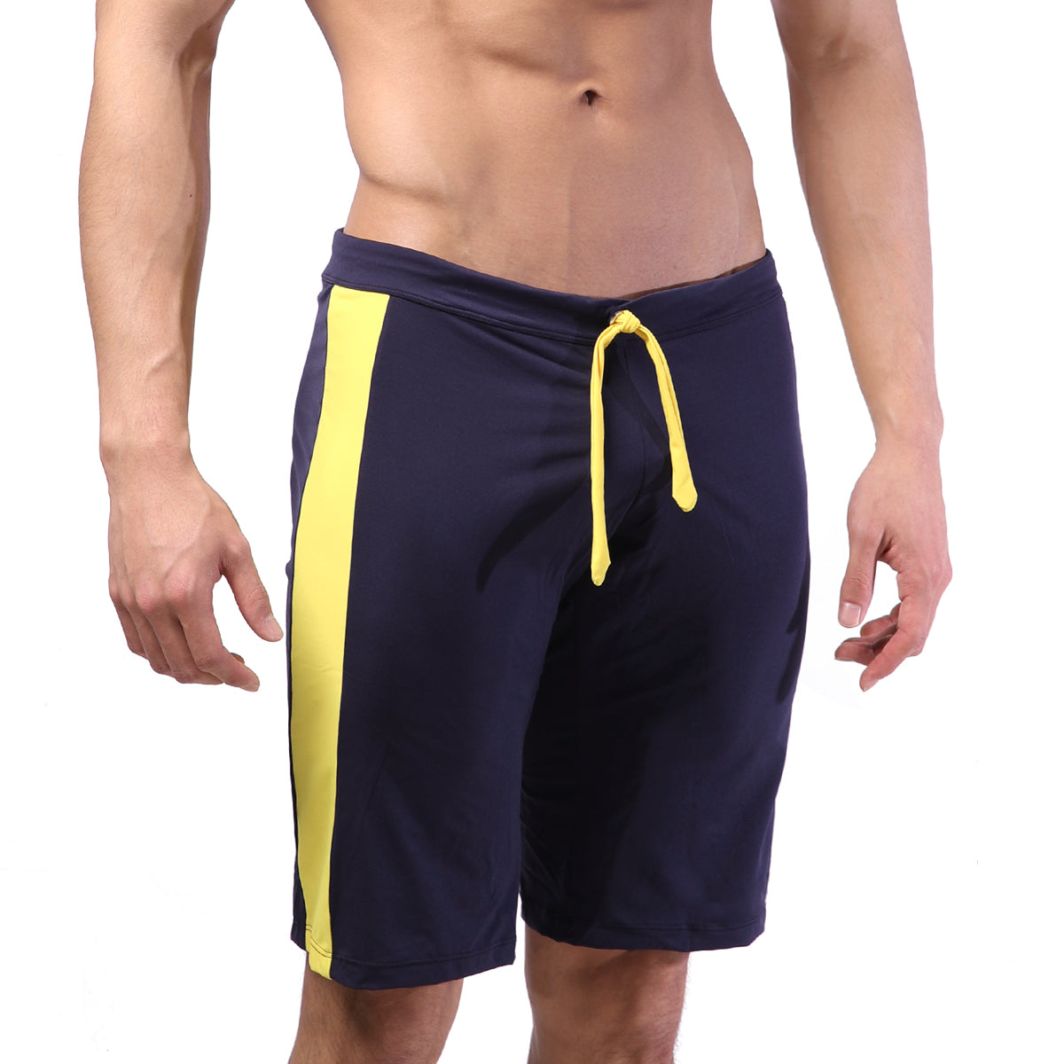 MetroMaleWear trainer short navy 4713-28 with navy blue fabric and bold yellow side stripe and matching drawstring