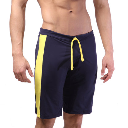 MetroMaleWear trainer short navy 4713-28 with navy blue fabric and bold yellow side stripe and matching drawstring