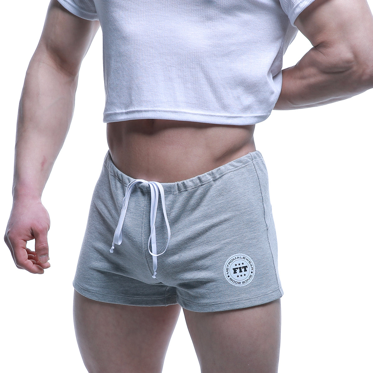 MetroMaleWear fit shorts gray heathered sweatshorts with white drawstring and circular fit logo patch on lower leg