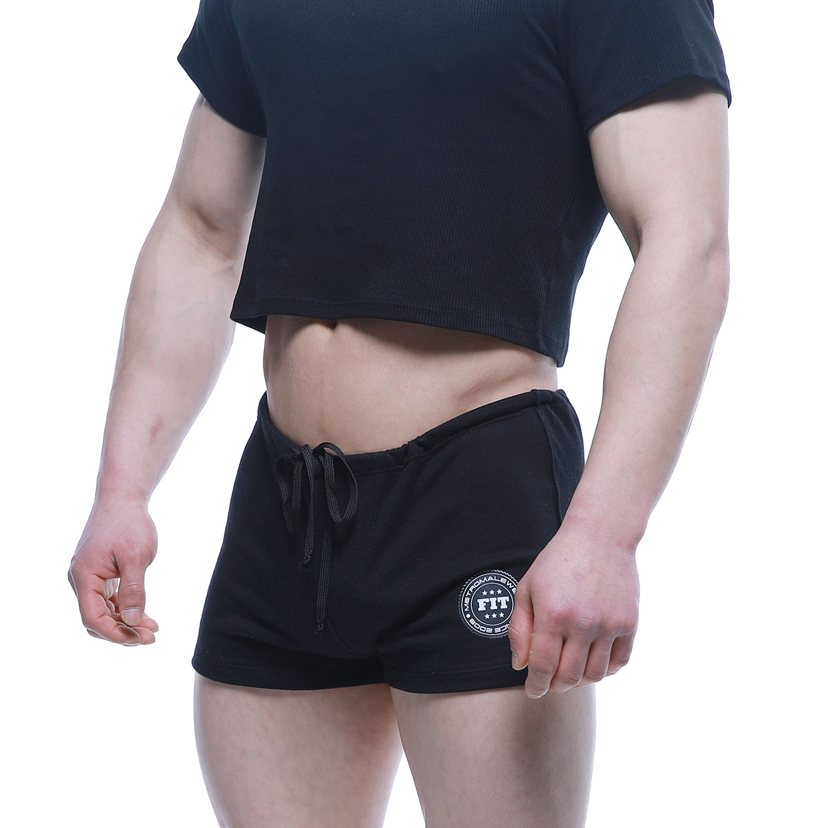 MetroMaleWear FIT shorts black athletic shorts with drawstring waistband and circular logo patch on left leg
