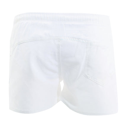 Back view of metro malewear viena short white athletic shorts with elastic waistband and single rear pocket