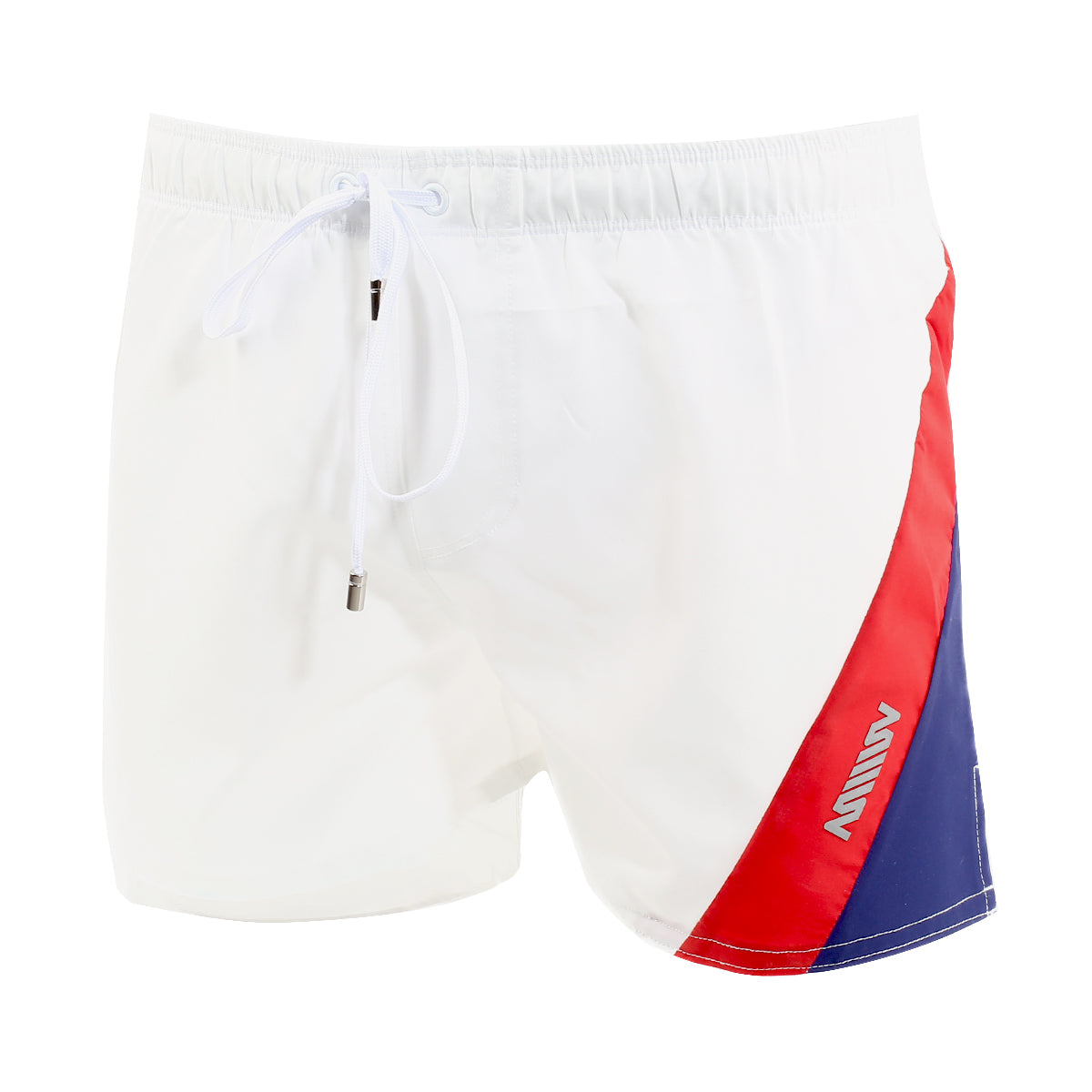 White swim trunks metroMalewear viena short with bold red and blue diagonal stripe and milly logo on the side