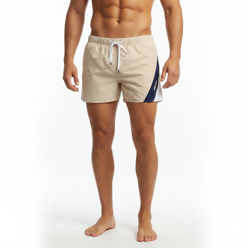 Beige metro malewear viena short swim trunks with navy and white diagonal stripe and elastic waistband with drawstrings