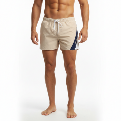 Beige metro malewear viena short swim trunks with navy and white diagonal stripe and elastic waistband with drawstrings