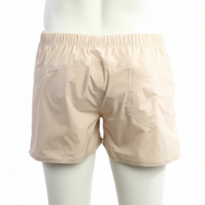 Beige metro male wear viena shorts with elastic waistband and single back pocket shown from the back side