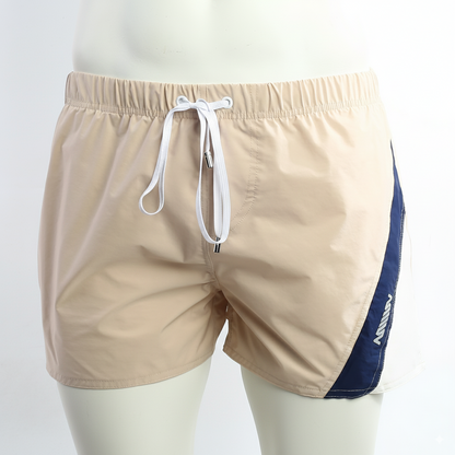 MetroMaleWear Viena short beige athletic swim shorts with navy blue panels and white drawstring waistband