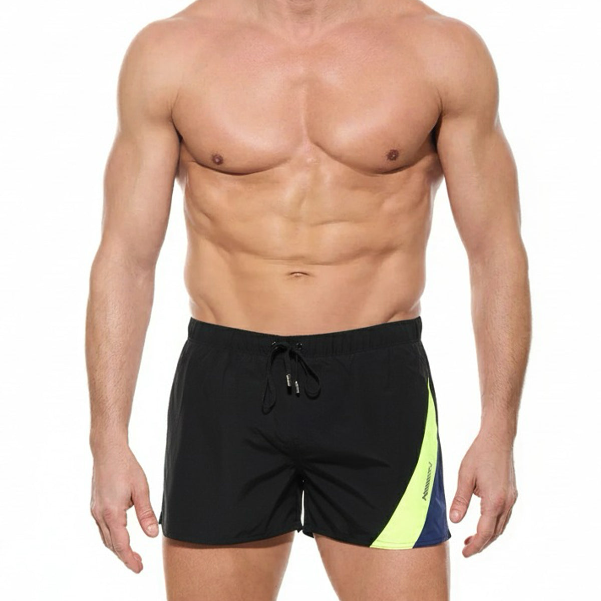 MetroMaleWear Viena short black swim trunks with vibrant neon yellow and navy blue diagonal side stripe