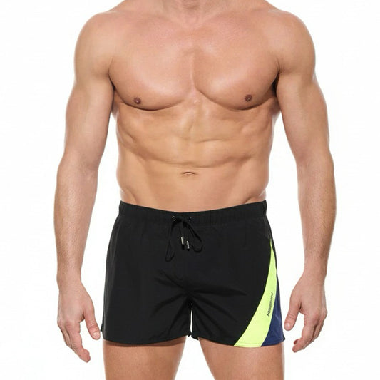 MetroMaleWear Viena short black swim trunks with vibrant neon yellow and navy blue diagonal side stripe