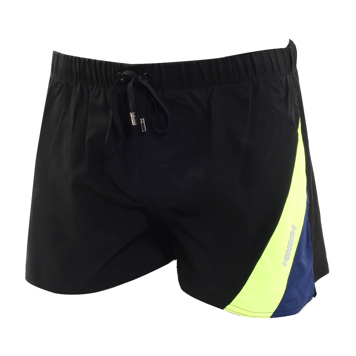 MetroMaleWear Viena short black athletic shorts with neon yellow and navy blue diagonal stripes and elastic drawstring waistband