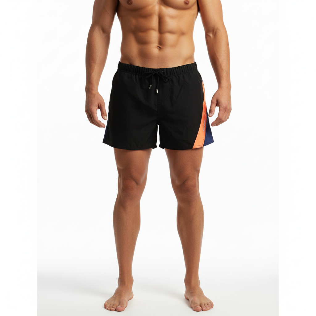 Black swim trunks metroMalewear Viena short orange 4715-22 with vibrant orange and blue diagonal side stripe