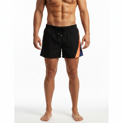 Black swim trunks metroMalewear Viena short orange 4715-22 with vibrant orange and blue diagonal side stripe