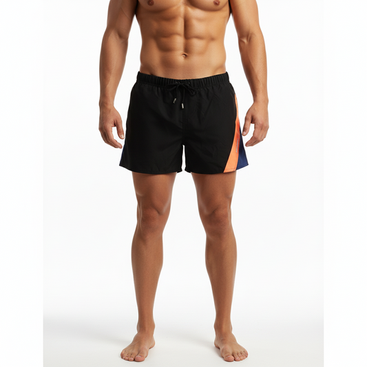Black swim trunks metroMalewear Viena short orange 4715-22 with vibrant orange and blue diagonal side stripe