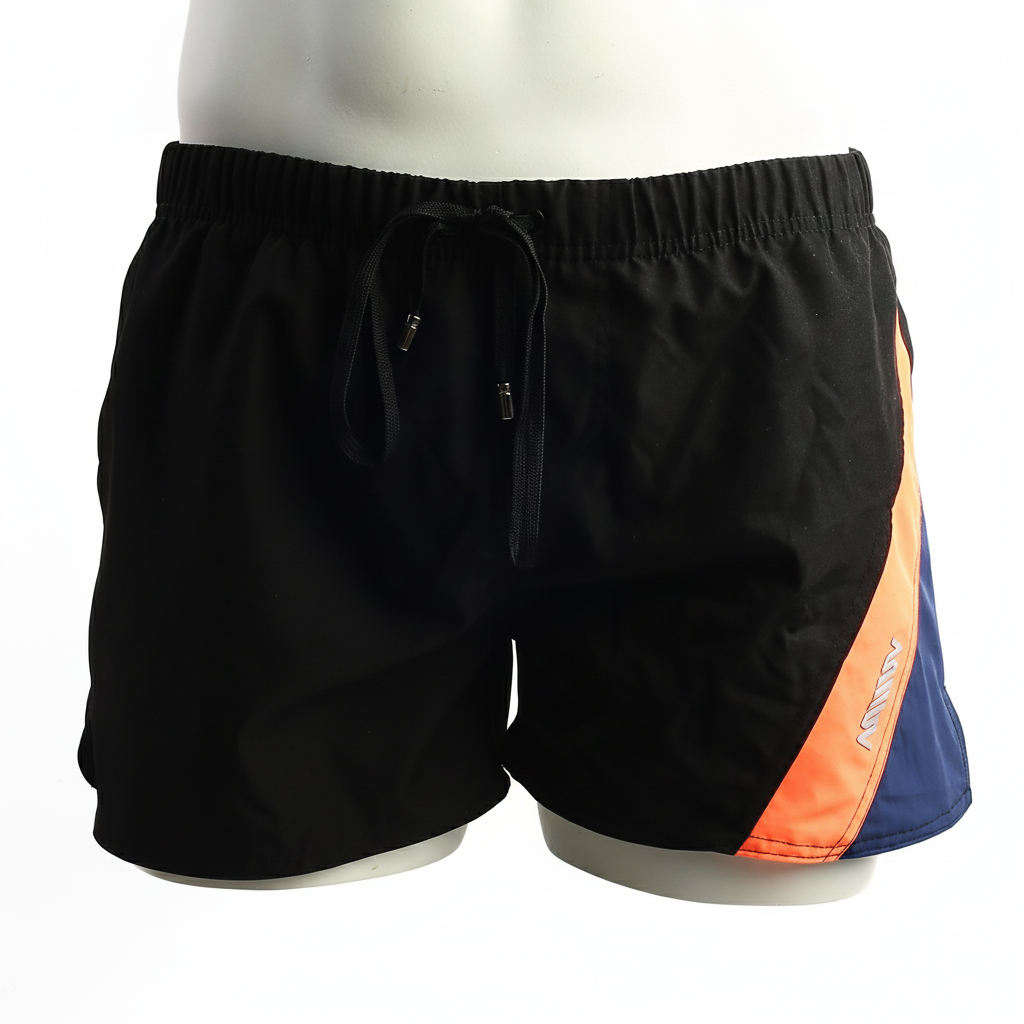 Black metro male wear viena short swim trunks with bold orange and blue diagonal stripe and elastic waistband with drawstrings