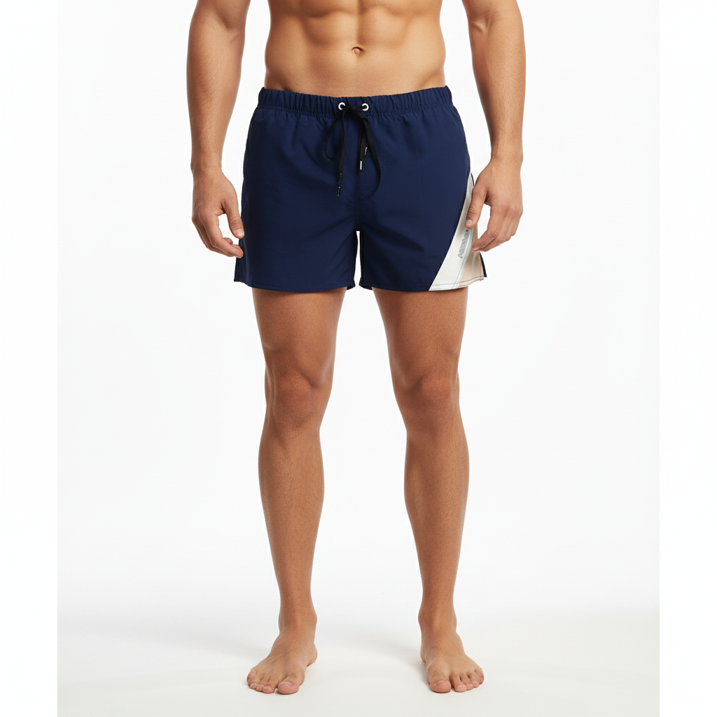 MetroMaleWear Viena short navy swim trunks with white diagonal panel and black drawstring for beachwear