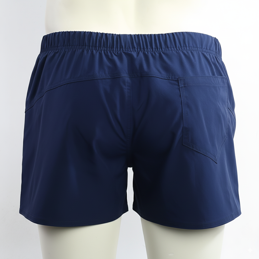 Back view of metro male wear viena short navy 4715-28 featuring navy blue athletic fabric with elastic waistband and back pocket