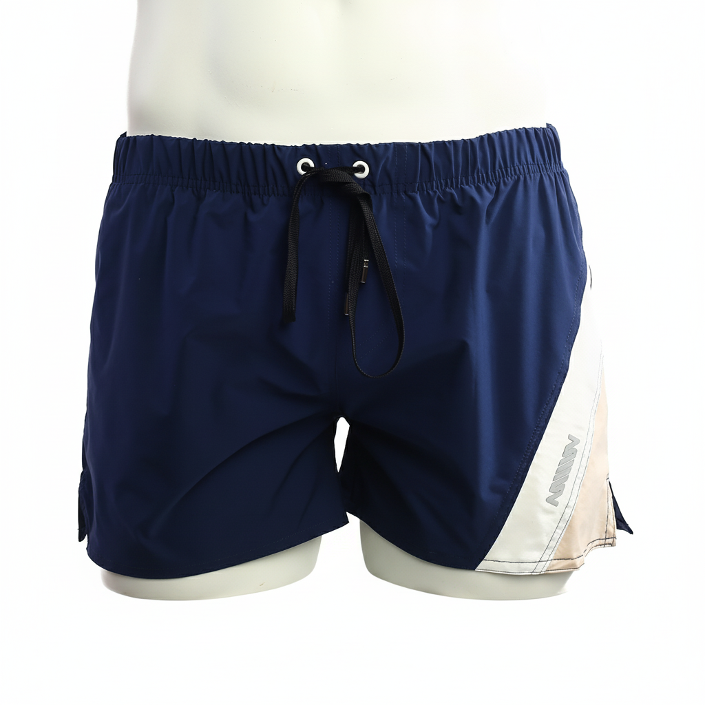 Navy blue and beige athletic swim trunks with a drawstring waistband from MetroMaleWear Viena Short 4715-28