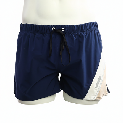 Navy blue and beige athletic swim trunks with a drawstring waistband from MetroMaleWear Viena Short 4715-28