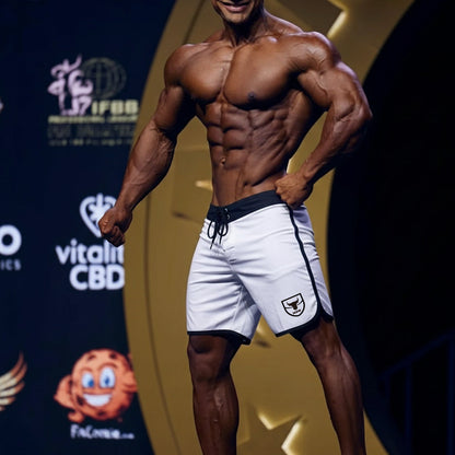 White athletic board shorts with black trim and shield logo on left leg from metro musclwear avalanche 4716-03