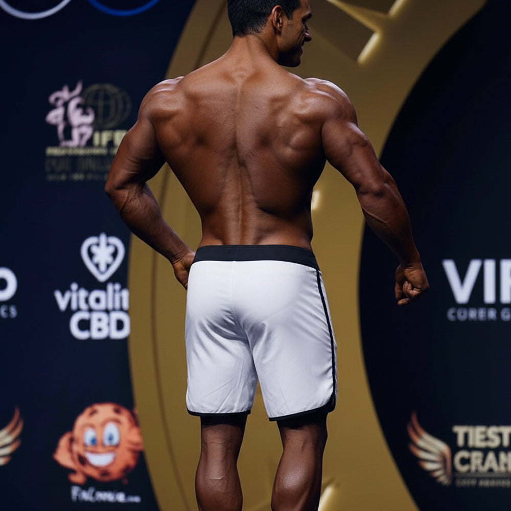 A muscular man wearing white MetroMaleWear MetroMuscleWear Avalanche physique board shorts with black trim stands on stage