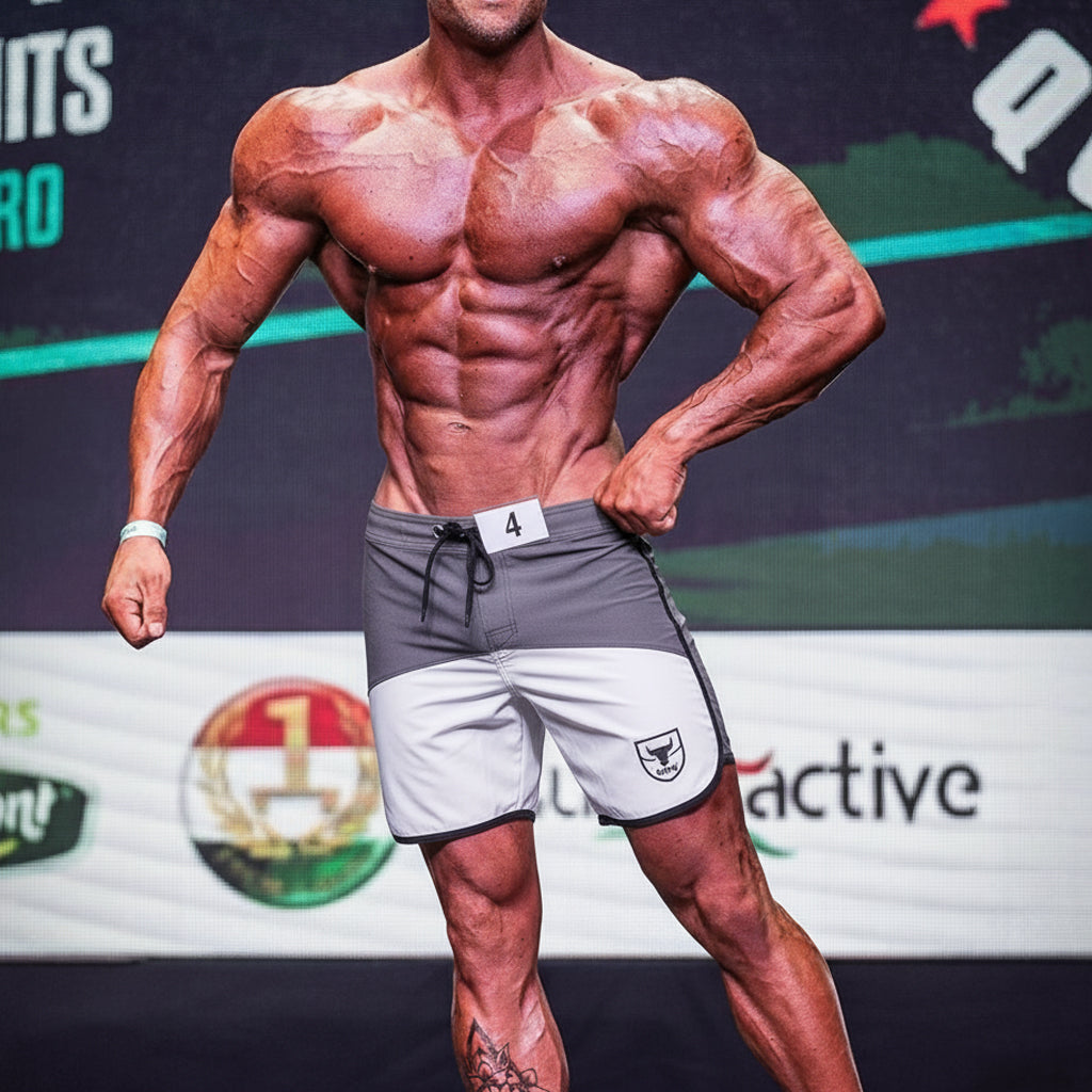Gray and white metromusclewear cordoba physique board short with black drawstring and shield logo on left leg