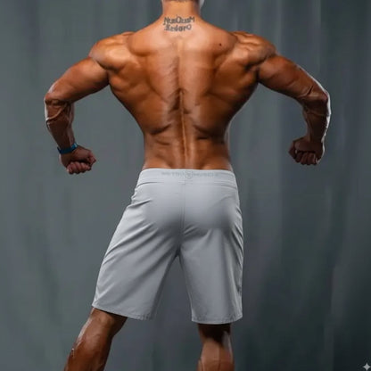 Light gray metromalewear metrosmusclewear mark physique board short with subtle waistband logo for athletic use