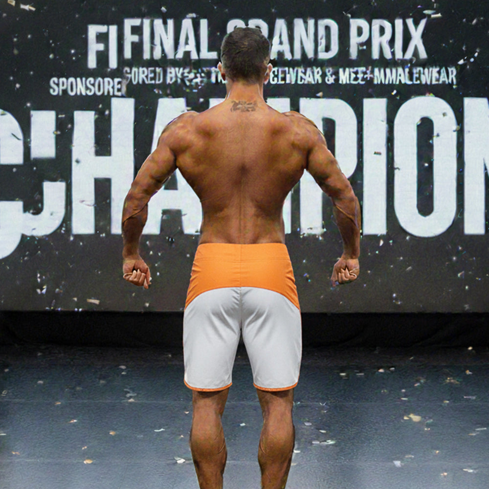 MetroMaleWear Cordoba physique board short in orange and white with contrasting orange waistband for athletic use