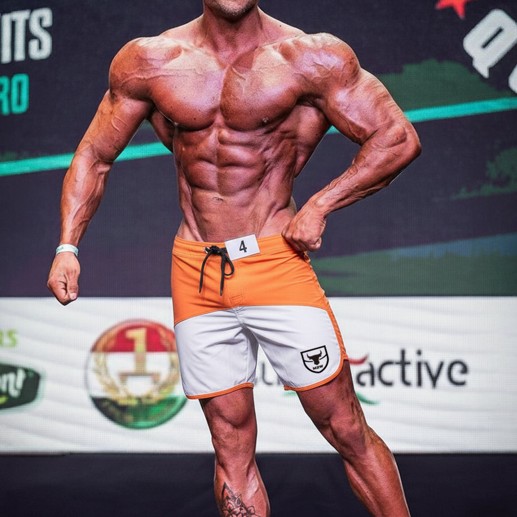 Metro malewear cordoba physique board short orange with white accents black drawstring and shield logo on side