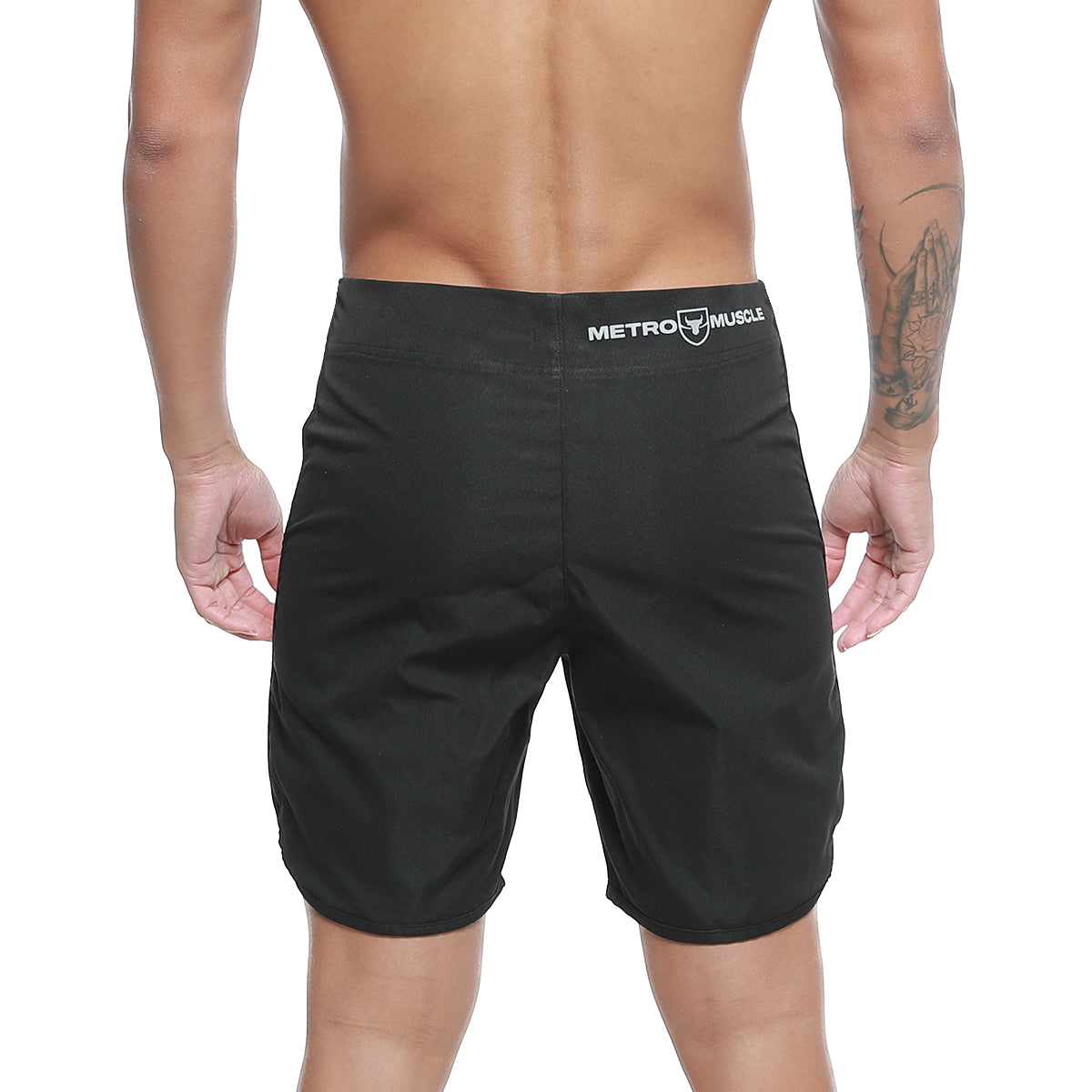 Black metro male wear metro musclewear intenso physique board short with sleek athletic cut and white waistband branding
