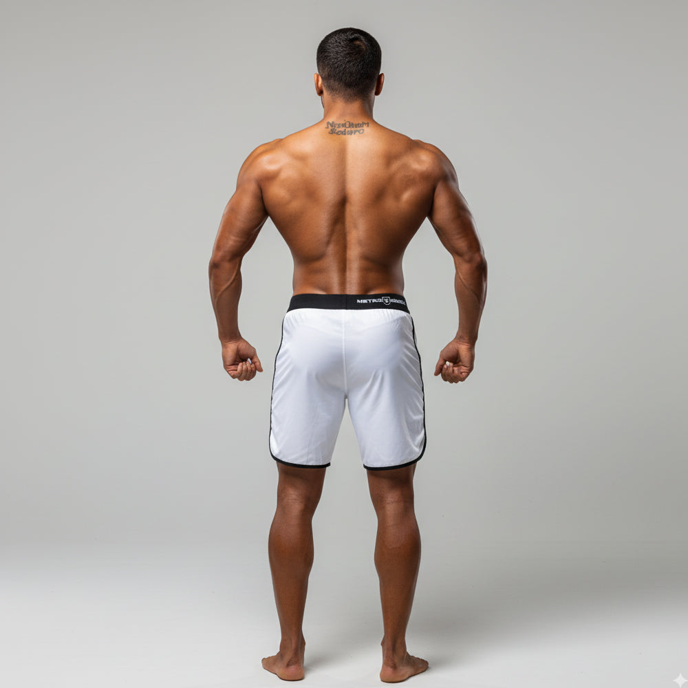 White metromale wear metromusclewear mark physique board short with black trim and branded waistband