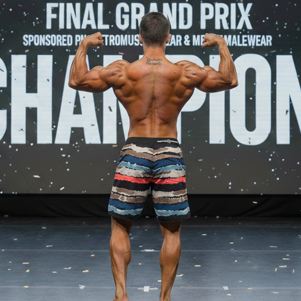 A muscular man wearing metroMalewear metallure tiger physique board shorts in blue red beige camouflage pattern