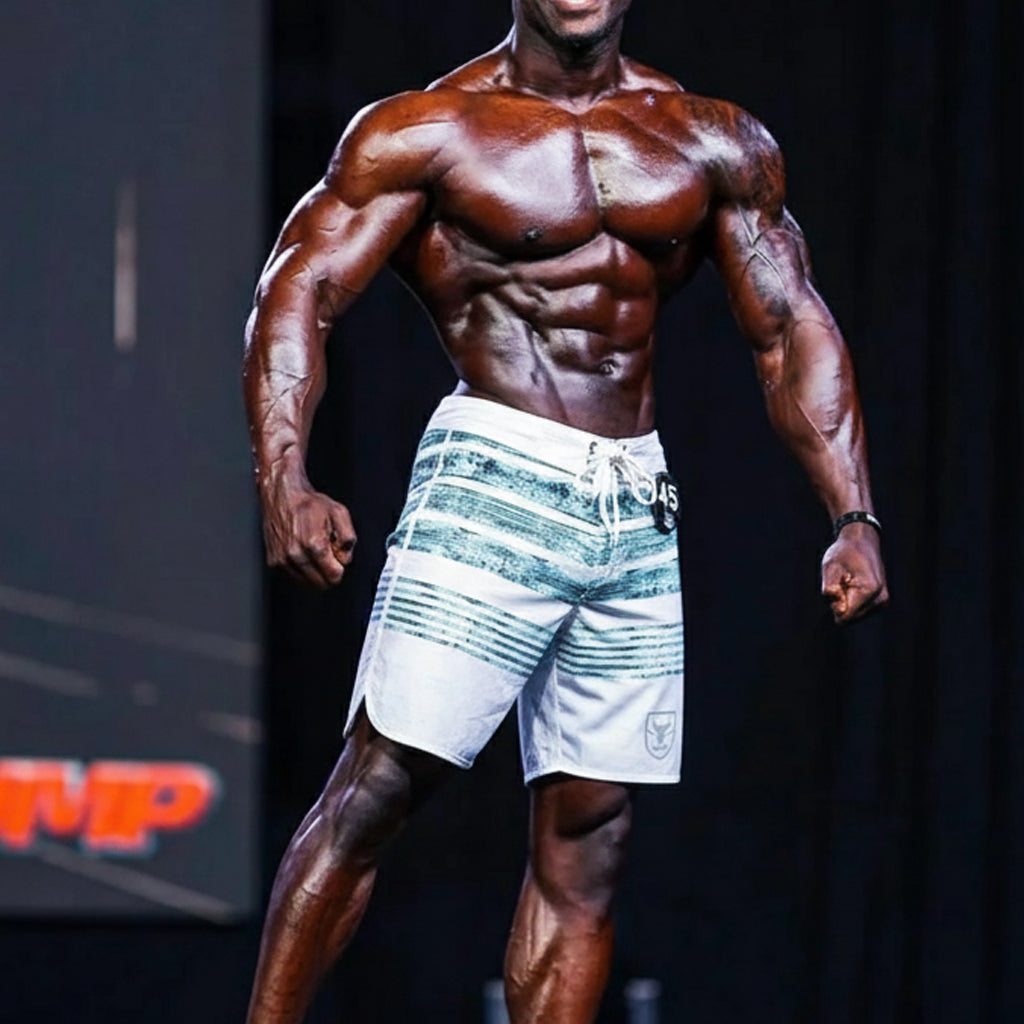 White and teal striped swim trunks with drawstring waistband from MetroMaleWear MetroMuscleWear Innocent Physique board short