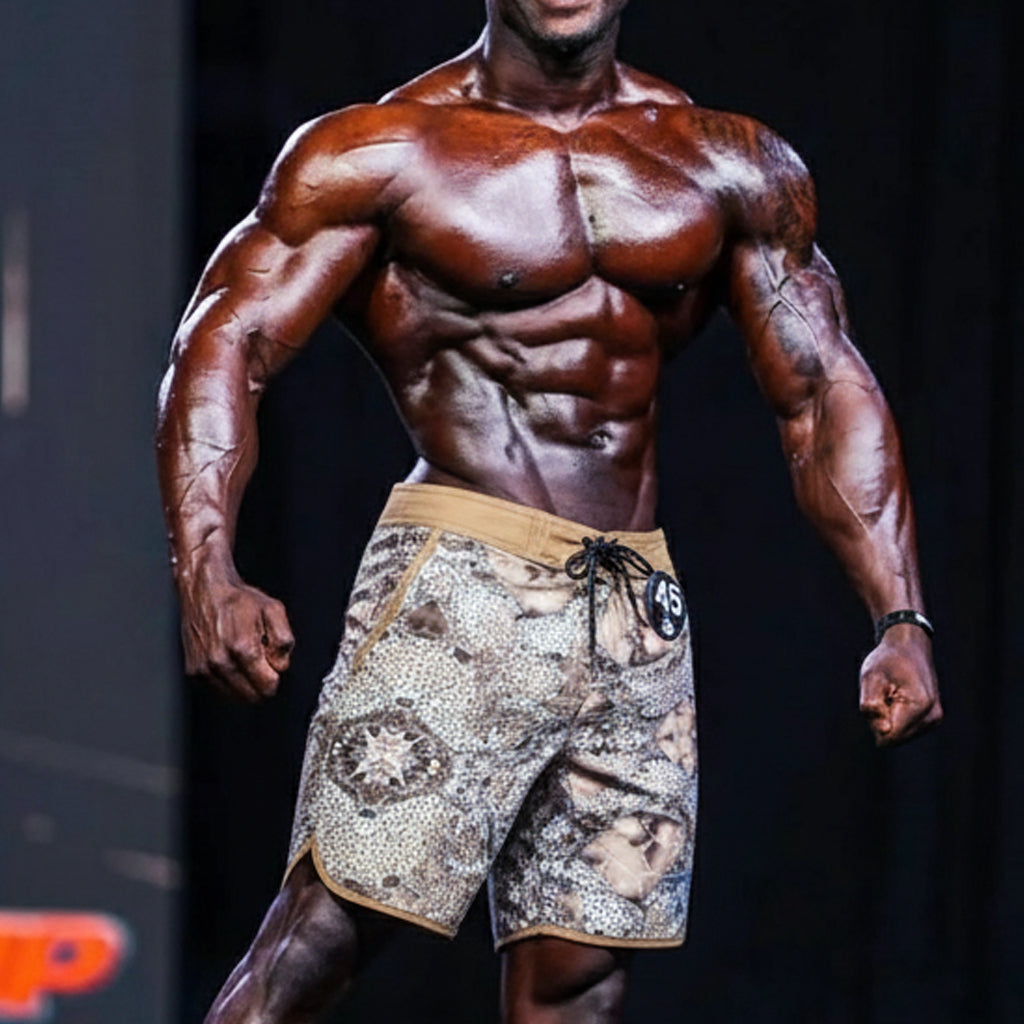 MetroMaleWear metroMuscleWear camouflage honeycomb physique board shorts with tan trim and black 45 badge on waistband