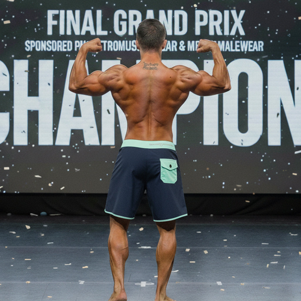 A muscular man wearing metroMalewear MetroMuscleWear marine physique navy blue board shorts with light green waistband and pocket