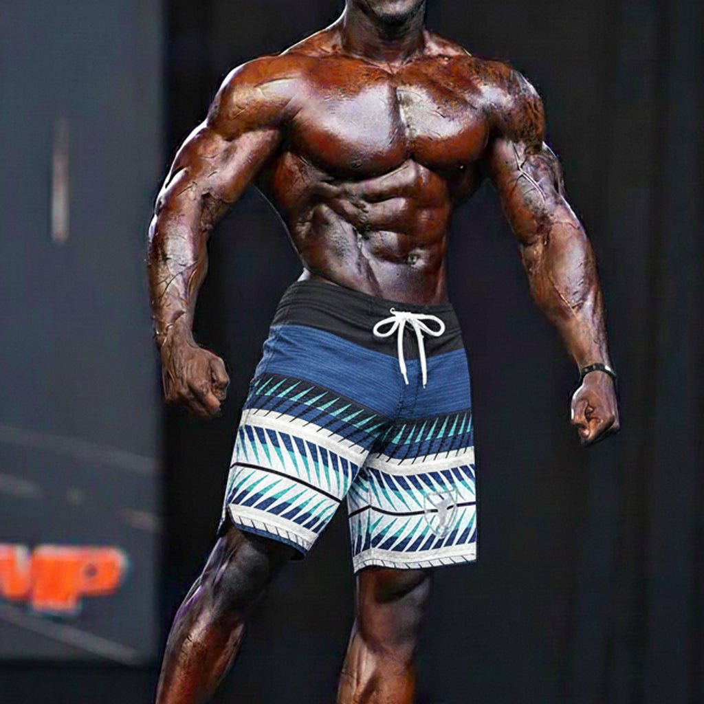 MetroMaleWear MetroMuscleWear Harvest Physique board short in blue and white geometric pattern with black waistband and white drawstring