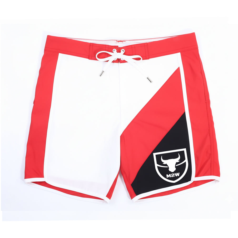 MetroMaleWear MetroMuscleWear IFBB Pro men’s physique board shorts white with red black diagonal stripes and m2w bull logo patch