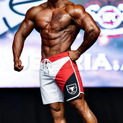Metro malewear metromusclewear ifbb pro mens physique board short in red white and black with bull logo on the side