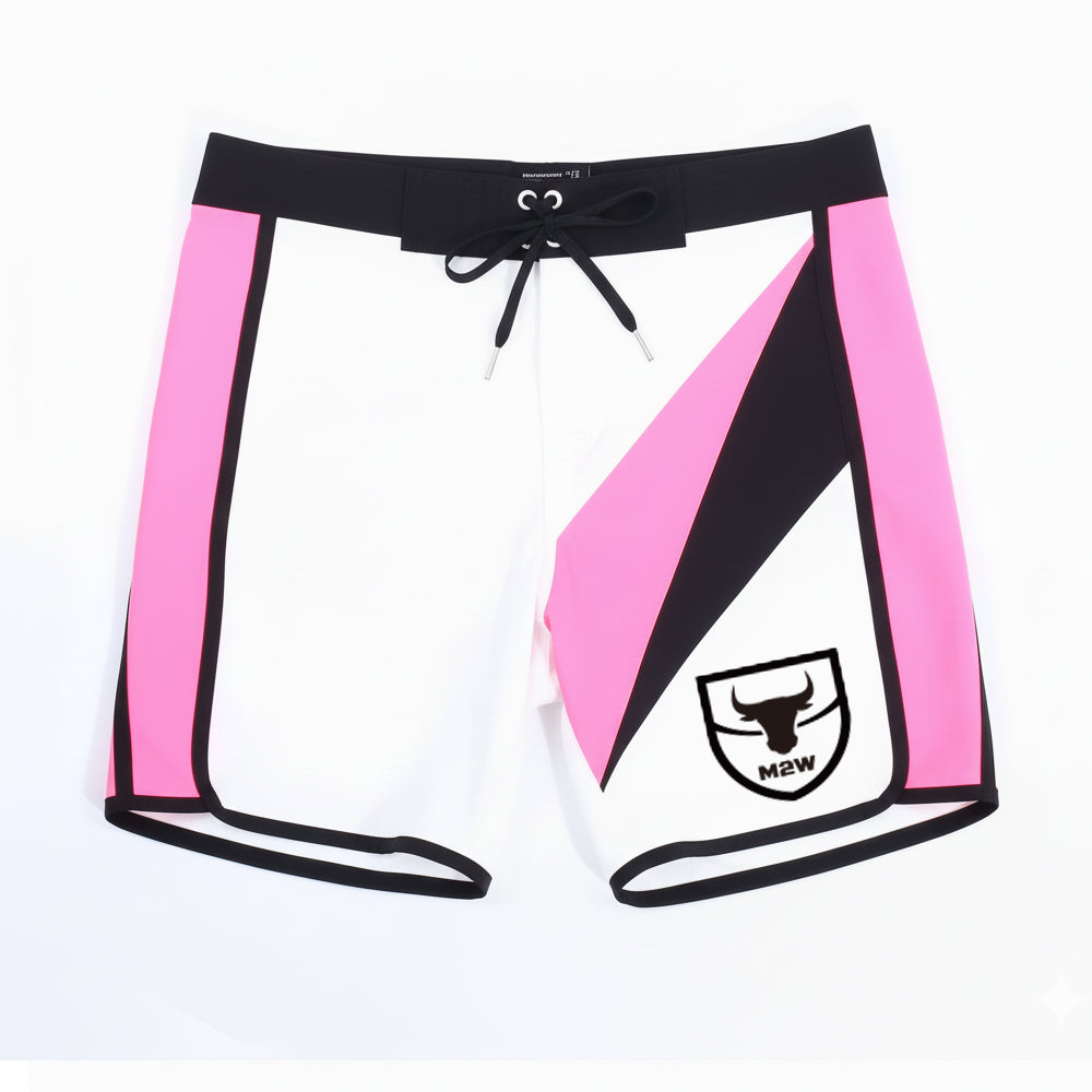MetroMaleWear pink and black geometric pattern board shorts with white panel and m2w logo for mens physique use