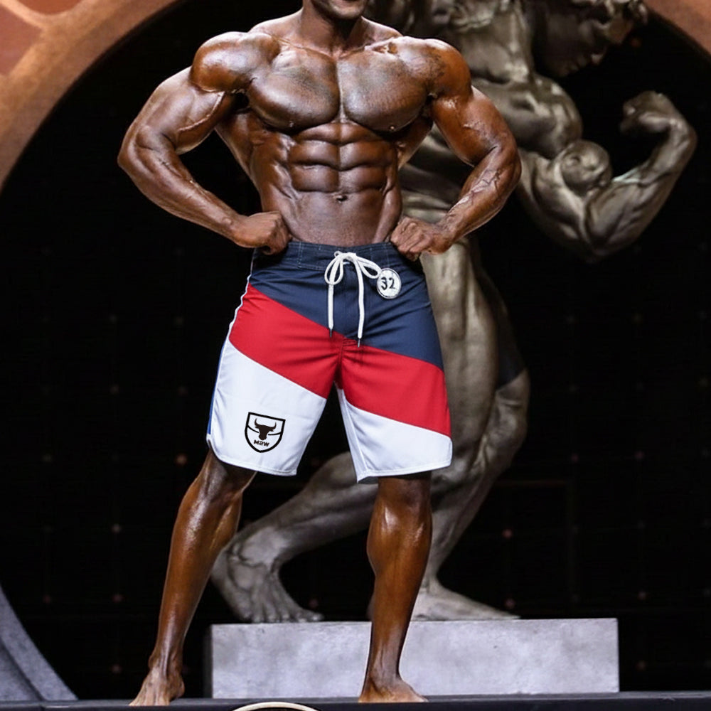 Blue red and white striped athletic shorts with drawstring waistband and black bull logo by metromalewear
