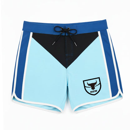 Metro malewear metro musclewear ifbb pro mens physique board short in light blue and navy with black panel and bull logo