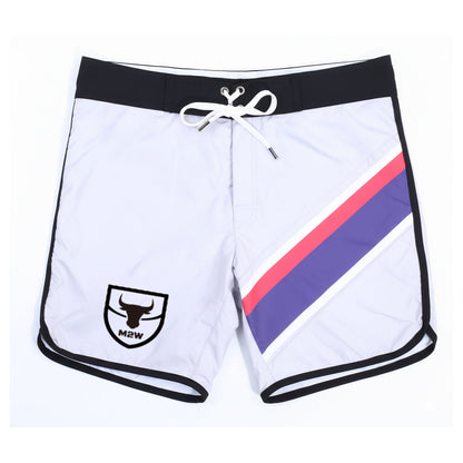White board shorts with bold pink and purple diagonal stripe black trim and m2w logo on left leg from metro musclwear