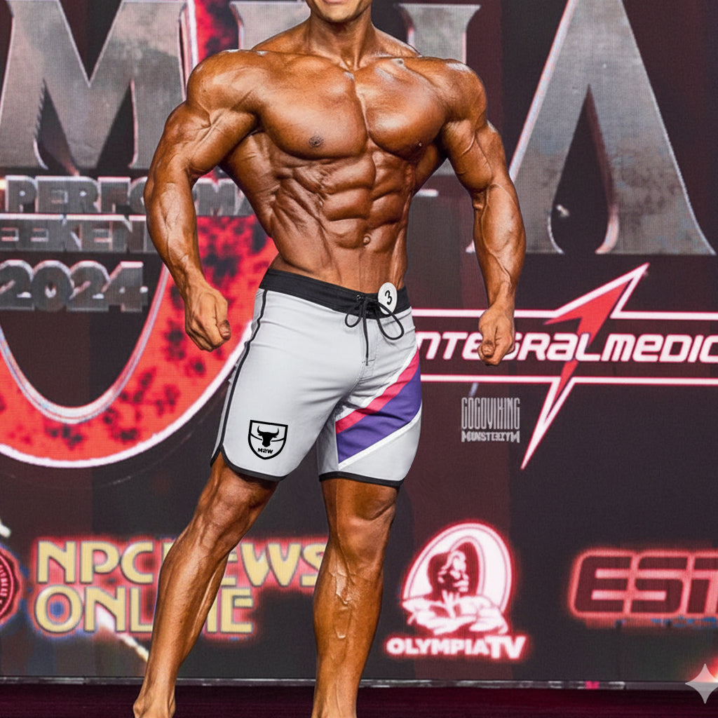 Gray metromale wear ifbb pro mens physique board short with black trim purple pink stripe and white bull logo