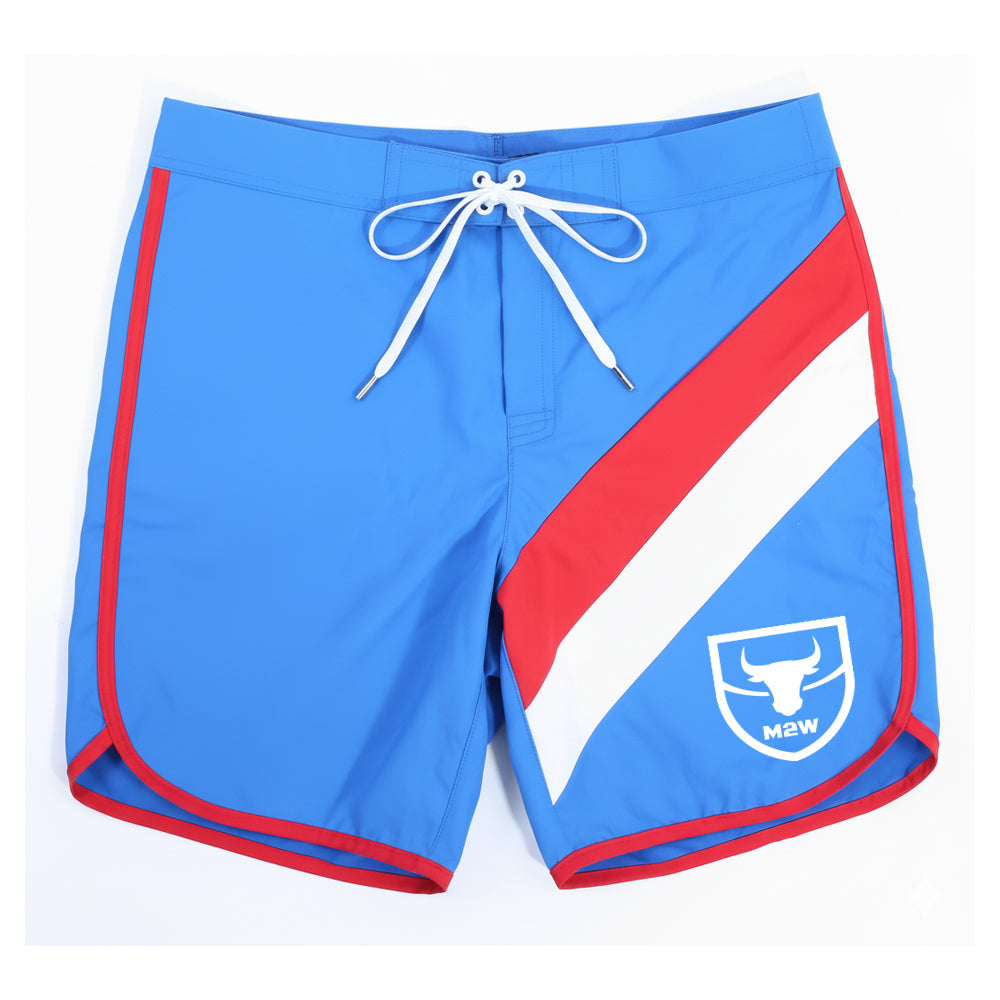 MetroMaleWear IFBB Pro mens physique royal blue swim trunks with red white stripes and m2w logo patch
