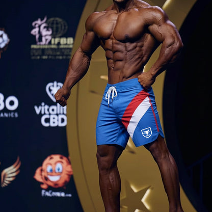 MetroMaleWear MetroMuscleWear IFBB Pro mens physique board short royal 4717-18 royal blue red white with shield logo