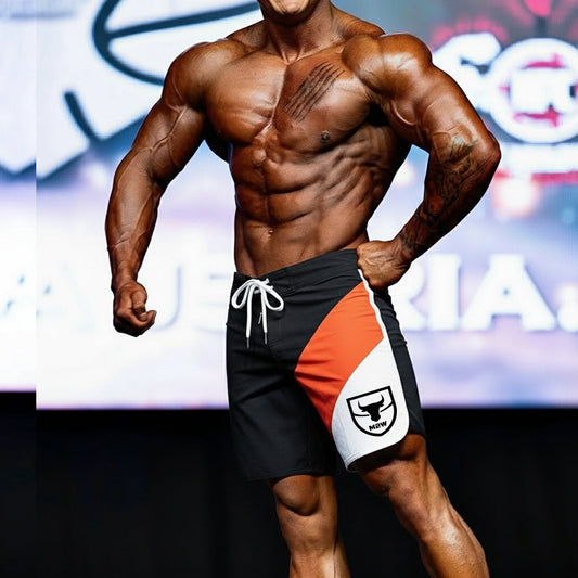 MetroMaleWear MetroMuscleWear IFBB Pro mens physique board short black orange white with drawstring and bull logo side