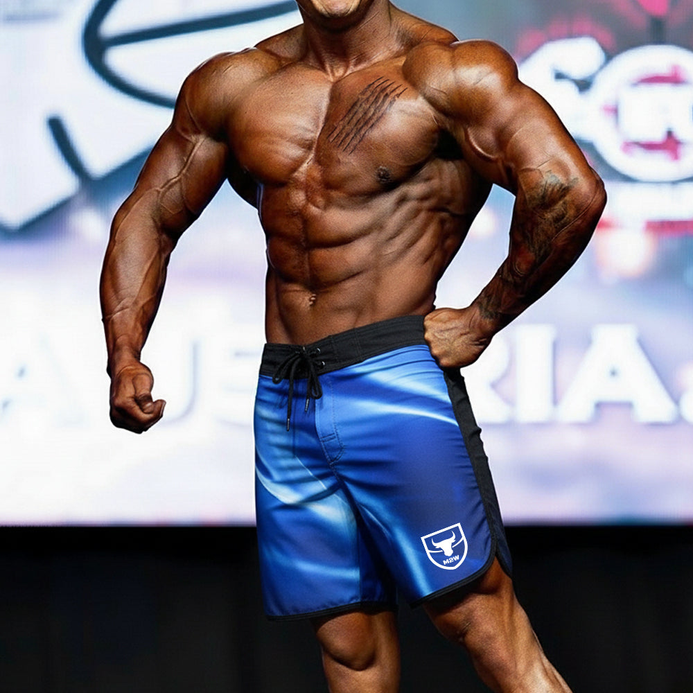 Blue athletic shorts with black trim and a white logo on lower left leg from MetroMaleWear MetroMuscleWear IFBB Pro board short